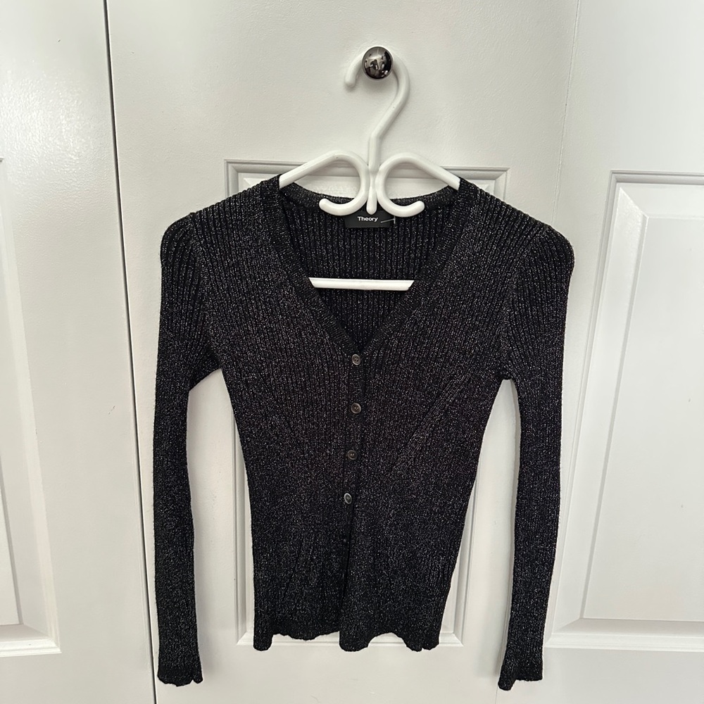Theory holiday Black and silver Button-Up Sweater sparkly
